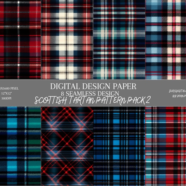 Lot de 2 motifs tartan écossais - 8 motifs sans couture - papiers de scrapbooking - fond numérique - ensemble de papier peint imprimable - laine d'Ecosse