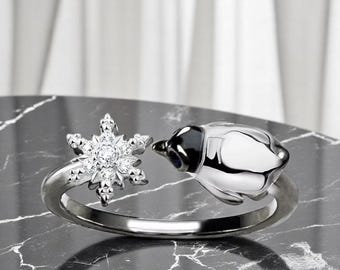 S925 Penguin Adjustable Ring - Snowflake Winter Snow Ice White Antarctica