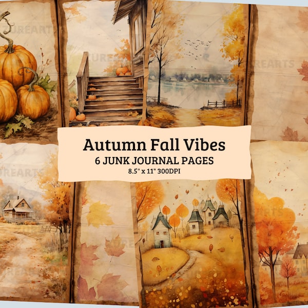 Autumn Fall Vibes - Junk Journal Papers Pack - Diary Scrapbooking Paper Scrap - Printable Design Paper - Collage Kit Watercolor - Dry Leaves