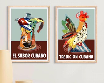 Cuban Art Prints: Cafecito and Rooster, Vintage Style (Set of 2)
