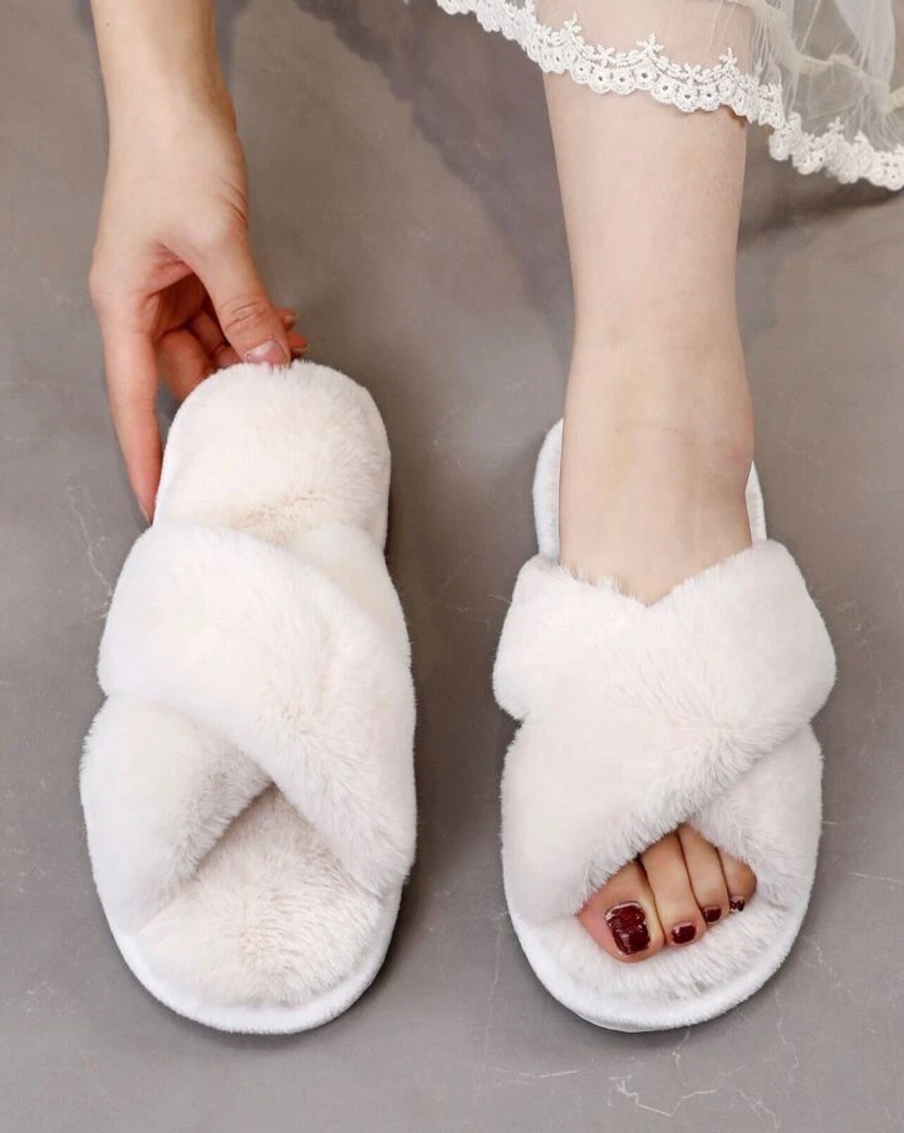 Solid Color Faux Fur Slides Slippers, Slip On Round Toe Non-slip