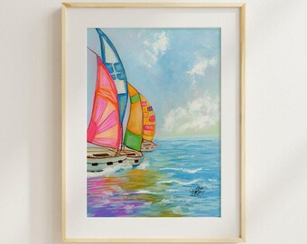 Colorful Sailboats Art Print | Coastal Nautical Wall Decor, Beach House Art