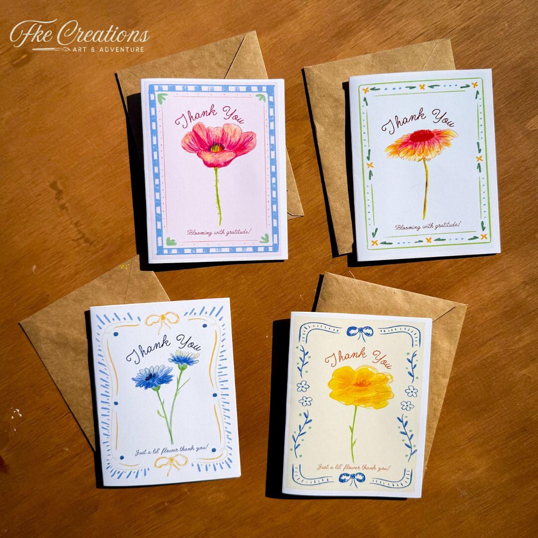 Set of 4 Hand-drawn Floral Thank You Cards –personalized Inside ...