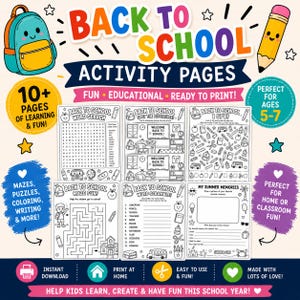 May include: A collection of back to school activity pages featuring word searches, spot the difference, I spy, mazes, word scrambles, and summer memory sheets. The printable set includes illustrations of a backpack, pencil, and school supplies.