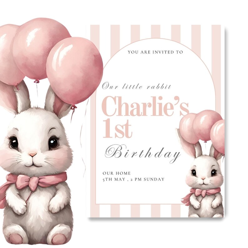 EDITABLE Rabbit One Girl Pink Birthday Invitation,birthday Invite ...