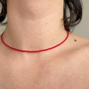 2 mm translusent bright red glass seed bead necklace | everyday layering choker | handmade minimalist jewelry | summer necklace |