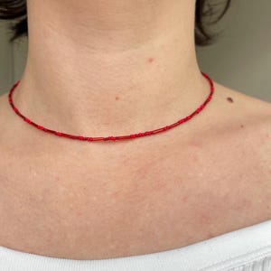 Red Seed Bead Choker: Upcycled Bugle Beads, Stainless Steel Clasp