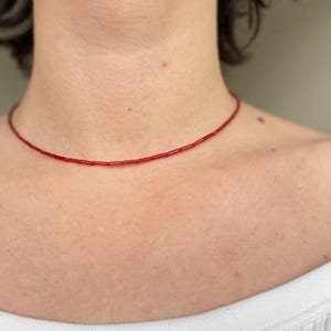Red Seed Bead Choker: Minimalist Bugle Bead Necklace