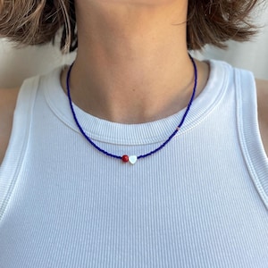 Blue Seed Bead Choker with Heart Pearl Charm: Dainty Layering Necklace