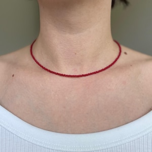 opaque dark red seed bead necklace | dainty everyday choker | handmade beaded jewelry | summer necklace | minimalist choker |