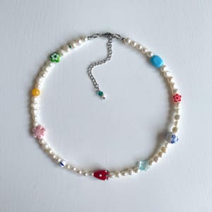 freshwater pearl beaded necklace | colorful ceramic & glass beads | playful handmade choker | whimsical cottagecore jewelry | gift for her