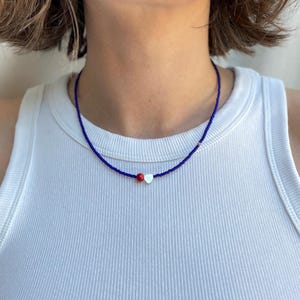 Blue Seed Bead Choker with Heart Pearl Charm: Dainty Layering Necklace