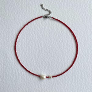 Dark Red Seed Bead Choker: Freshwater Pearl,  Stainless Steel Clasp