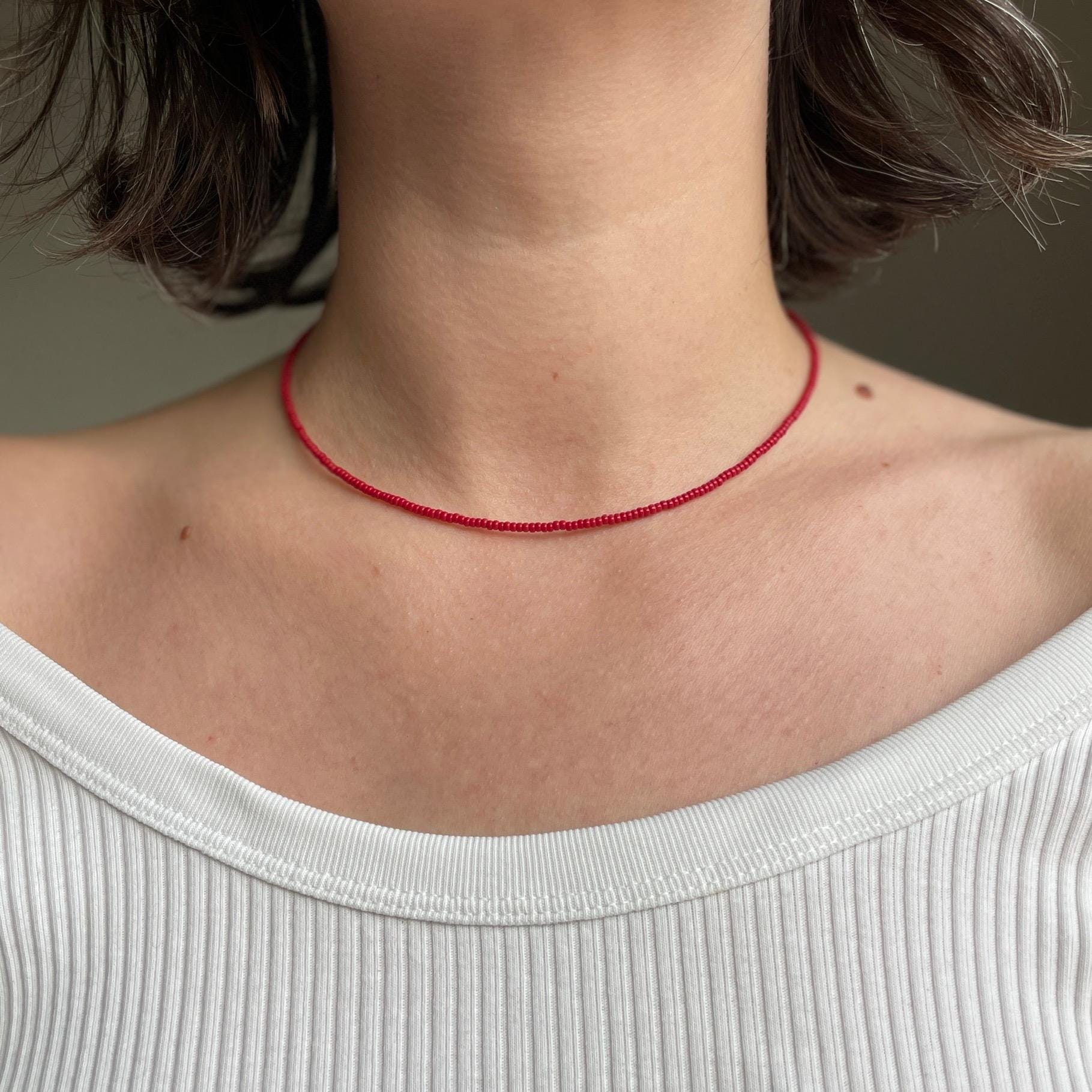 Dark Red Bead Choker: Handmade Minimalist Necklace - Etsy UK