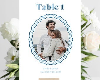 Wedding Photo Table Numbers, 5x7 Customizable Template, Couple Photos, Wavy, Funky, Retro, Boho