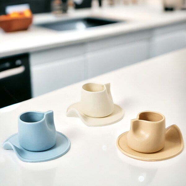 Mini Tea & Plate Set Japanese Ceramic | Pottery Tea Cups, Vintage Style Coffee Mugs, Modern Minimalistic Design, Pottery Housewarming Gift