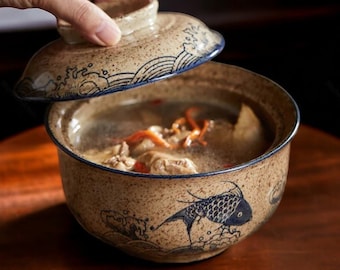 Retro Japanese Ramen Bowl Set | Handmade Ceramic Instant Noodle Soup Bowl with Lid, Large Capacity, Floral Design for Home & Restaurant Gift