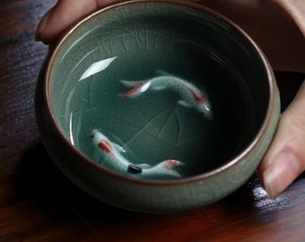 Koi Fish Ceramic Japanese Bowl | Small Tea Cup, Sauce Condiment Dish, Spice Tray, Blue Bowl, Green Cup, Kiln Fired Little Tray, House Gift