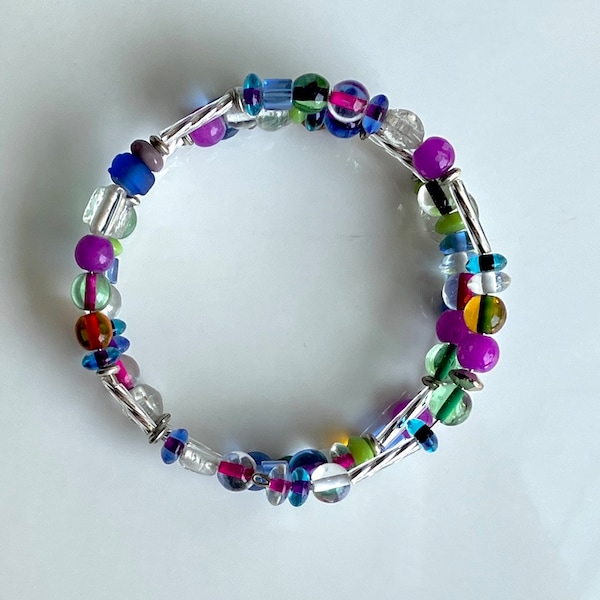 Multi Color Glass and Silver Bracelet