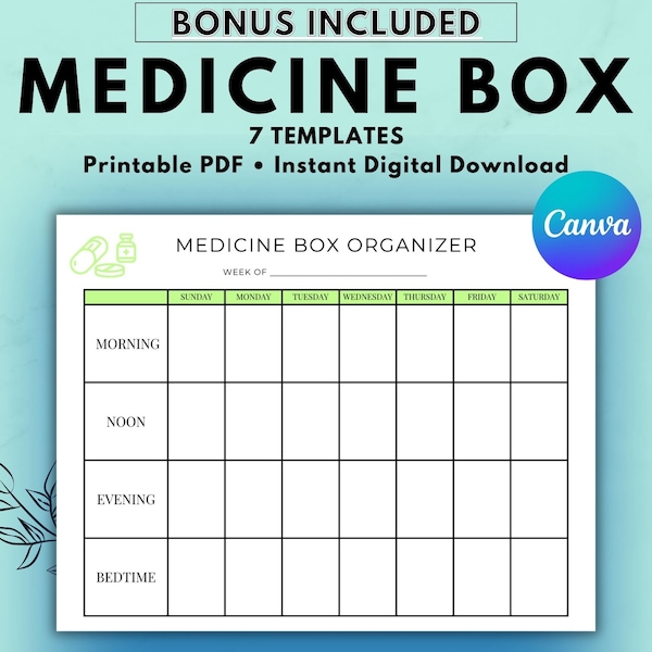 Medicine Box Template | Organized Weekly Pill Organizer Sheet | Health Planner & Medical Binder | Medication Management | Canva Editable