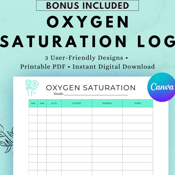 Oxygen Saturation vital signs sheet chart, medical binder insert for health and wellness, activity and medication tracker for journal