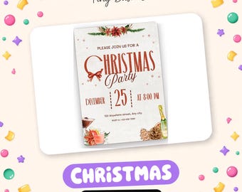 May include: A rectangular Christmas party invitation template featuring the text Tiny Bash Co, Please join us for a Christmas Party, December 25 at 8:00 PM, 123 Anywhere street, Any city, and RSVP to 123-456-7890, decorated with watercolor poinsettias, pinecones, and cocktails.