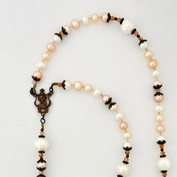 Rosary: Freshwater Pearls & Golden Quartz with Bronze