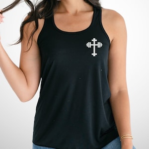 Christian Barbell Cross Tank Top, Christian Women, Faith Apparel, Womens Racerback Tank Top, Fitness Top, Workout Tank, Bible Gifts, Jesus