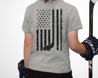 Custom Name Youth Ice Hockey T-Shirt, American Flag: 100% Cotton S-XL