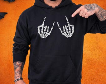 Skeleton Rock Hands Hoodie, Funny Halloween Concert Shirt, Metal Horn Sign