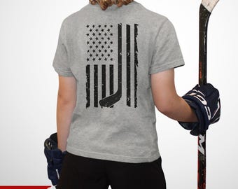 Custom Name Youth Ice Hockey T-Shirt, American Flag: 100% Cotton S-XL