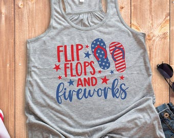 Women's 4th of July Racerback Tank Top, Flip Flops and Fireworks: Polyester Blend XS-2XL