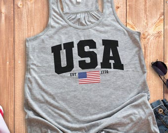 Women's USA Racerback Tank Top, 4th of July Gift: Polyester Blend XS-2XL