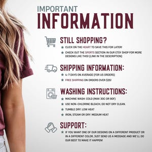 Puede incluir: Una camiseta color granate con mangas remangadas y pantalones vaqueros azul claro. La imagen contiene texto titulado IMPORTANT INFORMATION, STILL SHOPPING, SHIPPING INFORMATION, WASHING INSTRUCTIONS y SUPPORT, con iconos de carrito, cami&oacute;n, lavadora y manos.