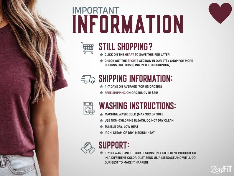 Puede incluir: Una camiseta color granate con mangas remangadas y pantalones vaqueros azul claro. La imagen contiene texto titulado IMPORTANT INFORMATION, STILL SHOPPING, SHIPPING INFORMATION, WASHING INSTRUCTIONS y SUPPORT, con iconos de carrito, cami&oacute;n, lavadora y manos.