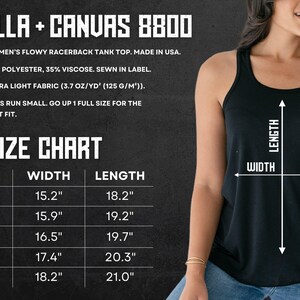 May include: A black racerback tank top shown with a size chart for Bella + Canvas 8800. The chart lists widths and lengths in inches for sizes XS through XL. Text includes fabric composition of 65% polyester and 35% viscose, and weight of 3.7 oz/yd&sup2;.