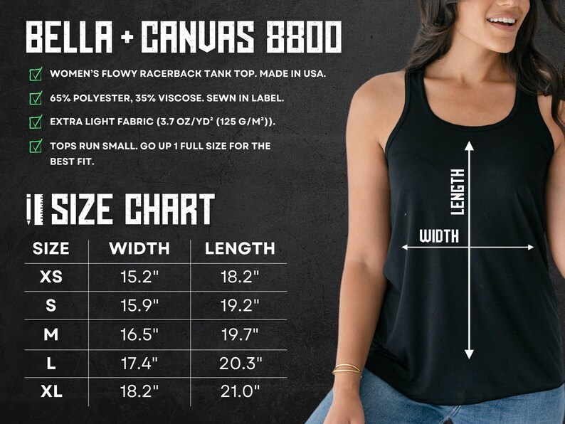 May include: A black racerback tank top shown with a size chart for Bella + Canvas 8800. The chart lists widths and lengths in inches for sizes XS through XL. Text includes fabric composition of 65% polyester and 35% viscose, and weight of 3.7 oz/yd&sup2;.