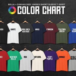 May include: A Bella + Canvas 3001 unisex short sleeve t-shirt colour chart featuring fourteen shirts in various colours including black, white, dark grey heather, navy, maroon, military green, true royal, red, heather kelly, ash, natural, team purple, orange, and athletic heather.