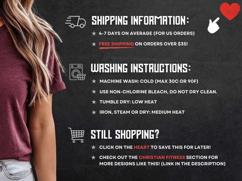 May include: A maroon t-shirt worn by a person, displayed next to text that reads WASHING INSTRUCTIONS: MACHINE WASH: COLD (MAX 30C OR 90F), USE NON-CHLORINE BLEACH, DO NOT DRY CLEAN, TUMBLE DRY: LOW HEAT, AND IRON, STEAM OR DRY: MEDIUM HEAT.