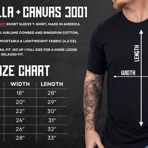 May include: A black short sleeve t-shirt with a size chart displaying width and length measurements in inches. The text includes Bella + Canvas 3001, unisex short sleeve t-shirt, made in America, 100% airlume combed and ringspun cotton, 4.2 oz.