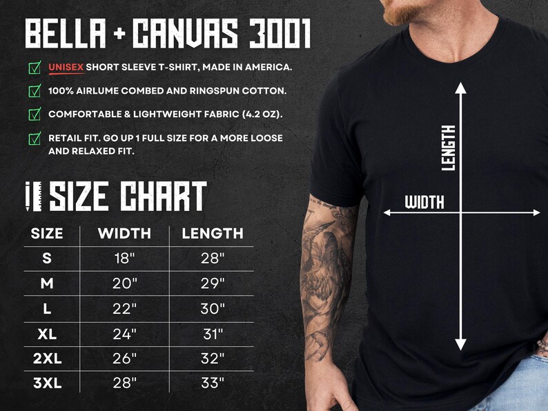May include: A black short sleeve t-shirt with a size chart displaying width and length measurements in inches. The text includes Bella + Canvas 3001, unisex short sleeve t-shirt, made in America, 100% airlume combed and ringspun cotton, 4.2 oz.