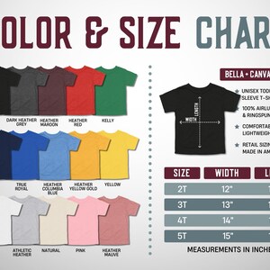 K&ouml;nnte beinhalten: Eine Farb- und Gr&ouml;&szlig;entabelle f&uuml;r Bella + Canvas 3001T Unisex-Kleinkind-T-Shirts mit kurzen &Auml;rmeln. Sie zeigt 15 T-Shirt-Farben mit Beschriftungen sowie eine Tabelle mit Breiten- und L&auml;ngenangaben in Zoll f&uuml;r die Gr&ouml;&szlig;en 2T, 3T, 4T und 5T.