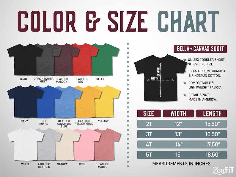 K&ouml;nnte beinhalten: Eine Farb- und Gr&ouml;&szlig;entabelle f&uuml;r Bella + Canvas 3001T Unisex-Kleinkind-T-Shirts mit kurzen &Auml;rmeln. Sie zeigt 15 T-Shirt-Farben mit Beschriftungen sowie eine Tabelle mit Breiten- und L&auml;ngenangaben in Zoll f&uuml;r die Gr&ouml;&szlig;en 2T, 3T, 4T und 5T.