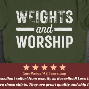 Christian Workout Shirts, Weights and Worship, Bible Shirt, Christian Gifts, Weightlifting TShirt, Fitness T-Shirt, Gym and Jesus, Exercise Military Green