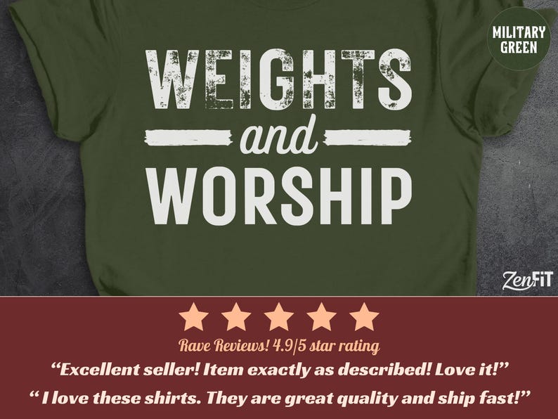 Christian Workout Shirts, Weights and Worship, Bible Shirt, Christian Gifts, Weightlifting TShirt, Fitness T-Shirt, Gym and Jesus, Exercise Military Green