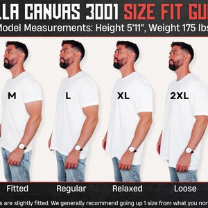 May include: A Bella Canvas 3001 size fit guide showing four white t-shirts in sizes M, L, XL, and 2XL. The text reads Bella Canvas 3001 Size Fit Guide, Model Measurements: Height 5'11", Weight 175 lbs., Fitted, Regular, Relaxed, and Loose.