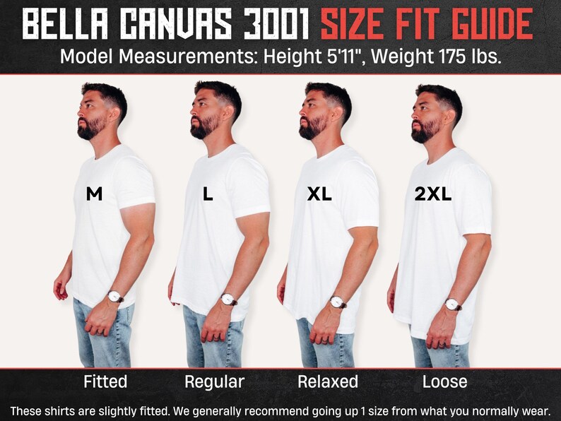 May include: A Bella Canvas 3001 size fit guide showing four white t-shirts in sizes M, L, XL, and 2XL. The text reads Bella Canvas 3001 Size Fit Guide, Model Measurements: Height 5'11", Weight 175 lbs., Fitted, Regular, Relaxed, and Loose.