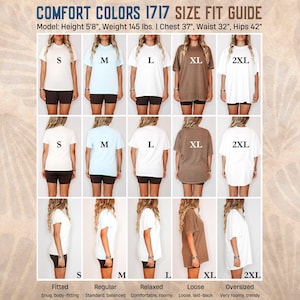 Op de afbeelding: Maattabel voor Comfort Colors 1717 t-shirts. De gids toont modellen die verschillende maten dragen, van S tot 2XL, in verschillende kleuren. De tekst bevat de afmetingen van het model: 1,73 m lang, 66 kg, 94 cm borstomvang, 81 cm taille en 107 cm heupen.