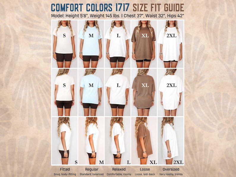 Op de afbeelding: Maattabel voor Comfort Colors 1717 t-shirts. De gids toont modellen die verschillende maten dragen, van S tot 2XL, in verschillende kleuren. De tekst bevat de afmetingen van het model: 1,73 m lang, 66 kg, 94 cm borstomvang, 81 cm taille en 107 cm heupen.