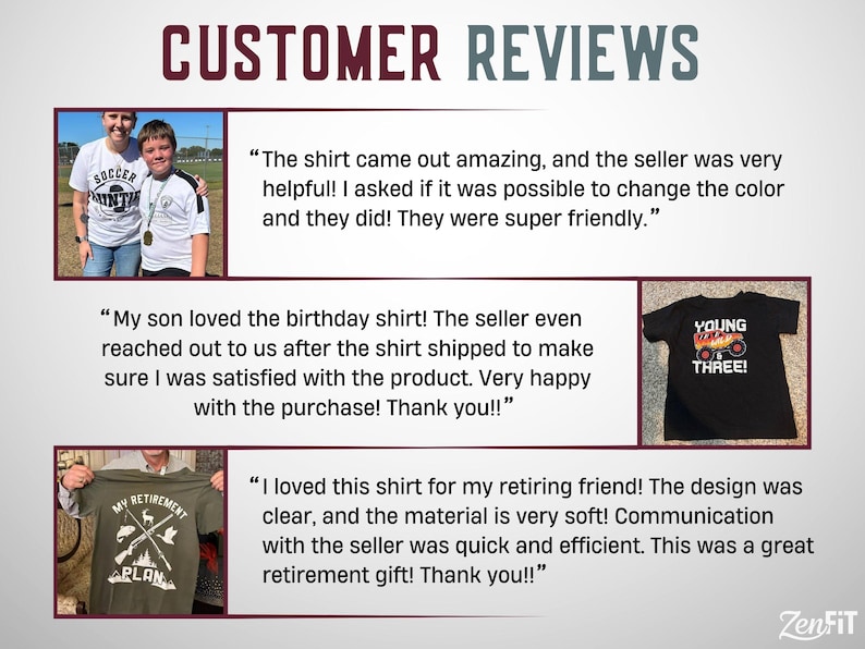 K&ouml;nnte beinhalten: Eine Kundenbewertungsgrafik mit dem Titel CUSTOMER REVIEWS, die drei Erfahrungsberichte enth&auml;lt. Einer zeigt ein wei&szlig;es T-Shirt mit Fu&szlig;balltext, ein anderes ein schwarzes T-Shirt mit Monster-Truck-Grafik und dem Text YOUNG THREE, und ein drittes ein olivgr&uuml;nes T-Shirt mit Jagdgrafiken und dem Text MY RETIREMENT PLAN.
